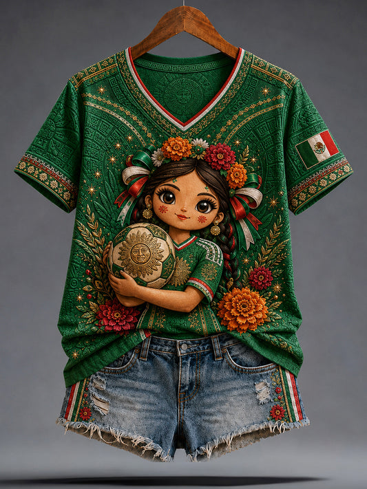Women's Funny Lele Doll  Mexico Football Lover Art Printed T-Shirt
