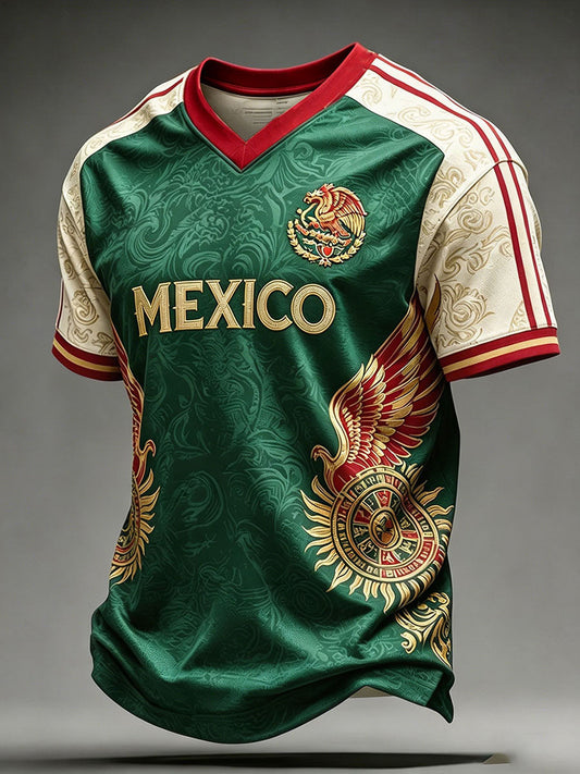 Men's Mexico Football Lover Printed V-neck T-shirt