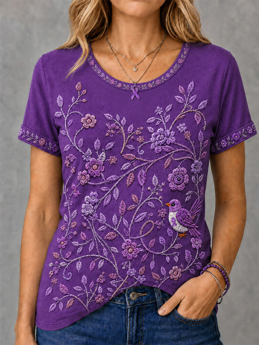 Women's Purple Floral & Hummingbird Print Alzheimer's Awareness Support Tee