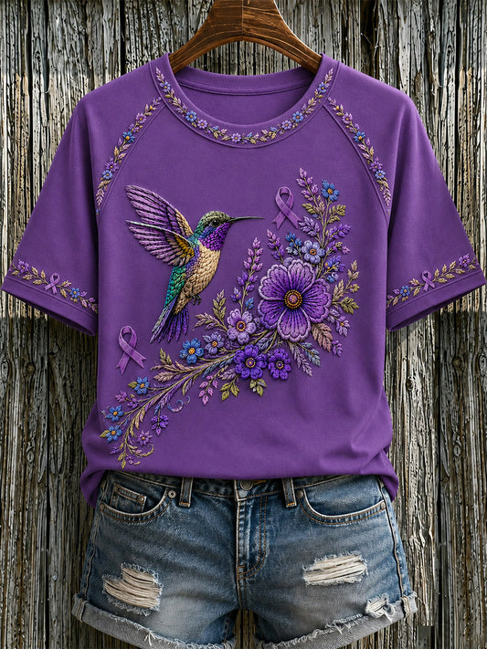 Women's Purple Floral & Hummingbird Print Alzheimer's Awareness Support Tee