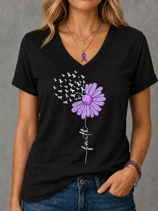 Women's Purple Ribbon Sunflower Faith Print Alzheimer's Awareness Support V-Neck Tee