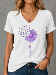 Women's Purple Ribbon Sunflower Faith Print Alzheimer's Awareness Support V-Neck Tee