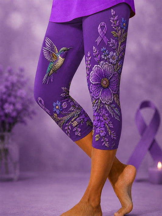 Women's Purple Floral & Hummingbird Print Alzheimer's Awareness Support Cropped Leggings