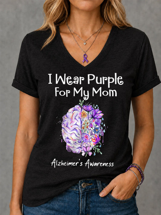 Women's I Wear Purple For My Mom Floral Print Alzheimer's Awareness Support V-Neck Tee