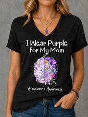Women's I Wear Purple For My Mom Floral Print Alzheimer's Awareness Support V-Neck Tee
