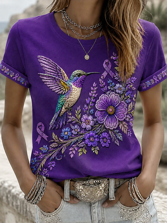 Women's Purple Floral & Hummingbird Print Alzheimer's Awareness Support Tee