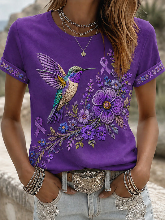 Women's Purple Floral & Hummingbird Print Alzheimer's Awareness Support Tee