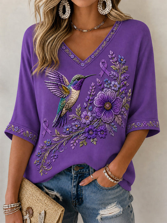 Women's Purple Floral & Hummingbird Print Alzheimer's Awareness Support V-Neck Tee