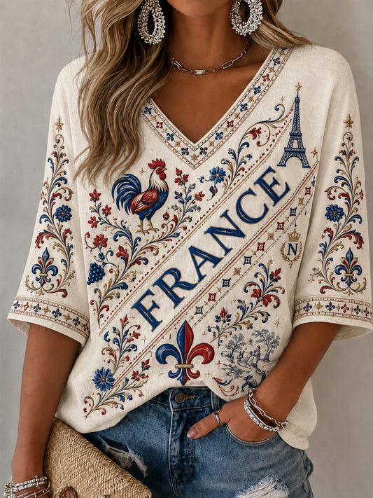 Women's France Lover  Mid-length Sleeves V-Neck T-Shirt
