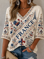 Women's France Lover  Mid-length Sleeves V-Neck T-Shirt