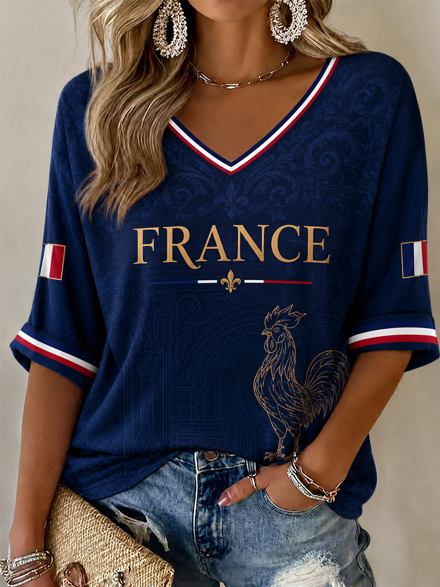 Women's France Print Casual Half-Sleeve V-Neck T-Shirt