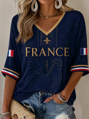 Women's France Print Casual Half-Sleeve V-Neck T-Shirt
