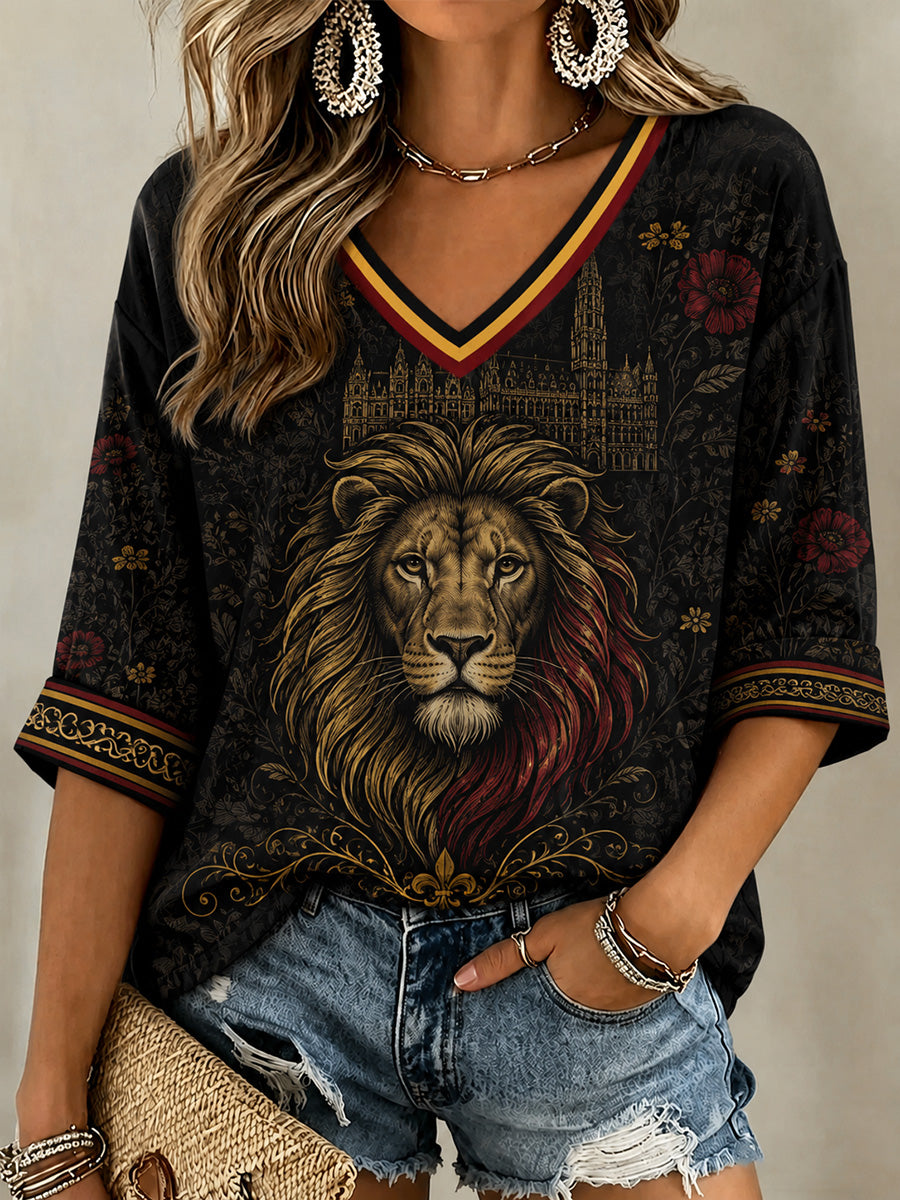 Women's Belgium Print Casual V-Neck Tee