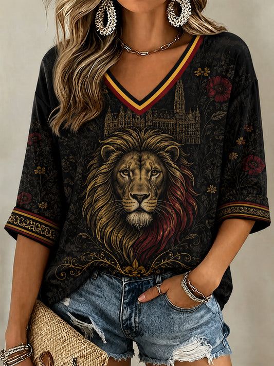Women's Belgium Print Casual V-Neck Tee