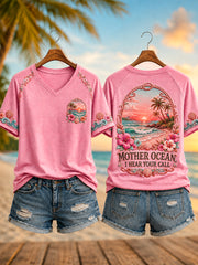 Women's Mother Ocean I Have Heard You Call Print Casual V-Neck Short Sleeve Tee