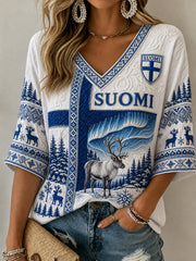 Women's Finland Lover Mid-length Sleeves V-Neck T-Shirt