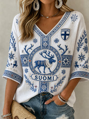 Women's Finland Lover Mid-length Sleeves V-Neck T-Shirt