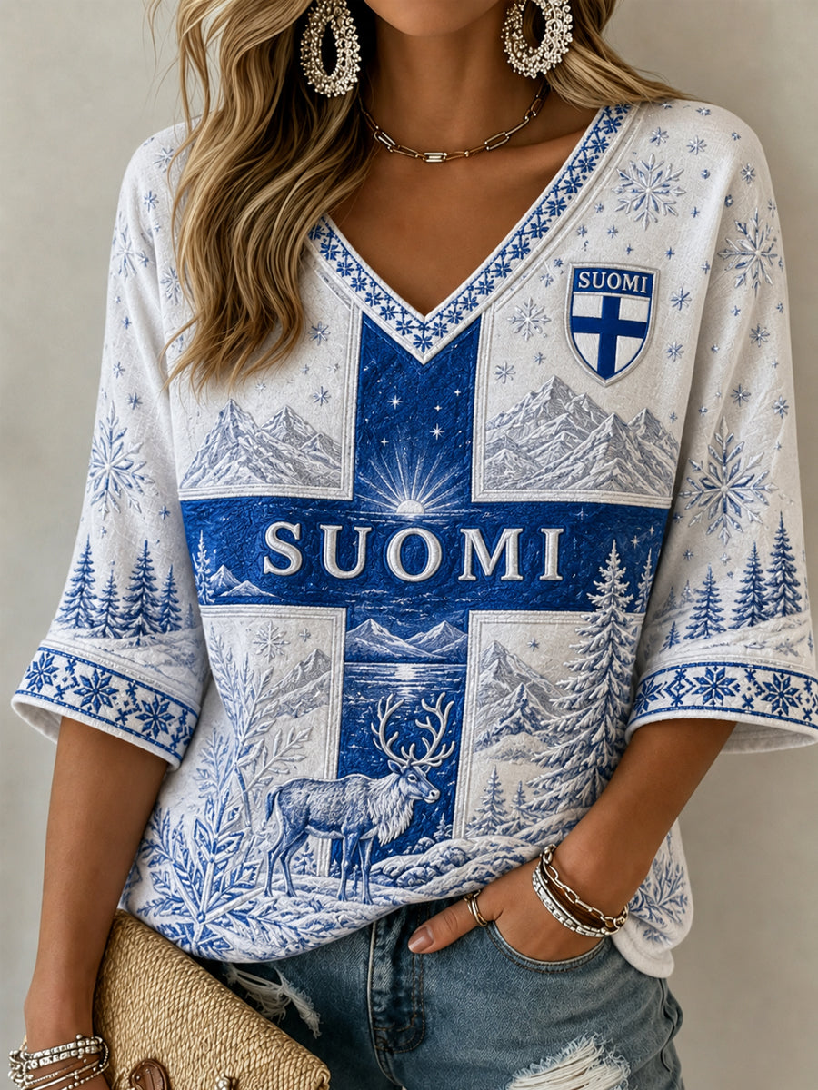 Women's  Finland Lover Mid-length Sleeves V-Neck T-Shirt