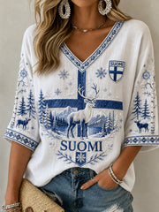 Women's Finland Lover Mid-length Sleeves V-Neck T-Shirt