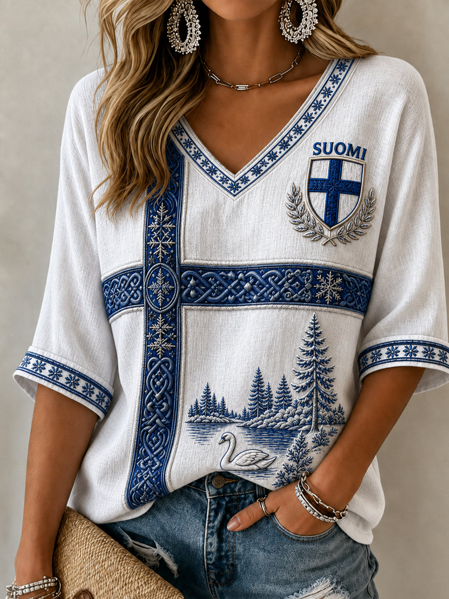 Women's Finland Lover Mid-length Sleeves V-Neck T-Shirt