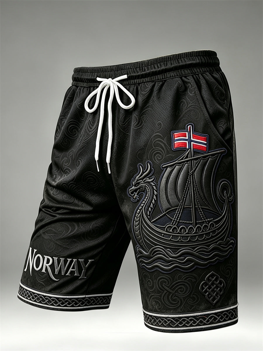 Men's Norway Viking Ship Celtic Knot Flag Print Drawstring Shorts