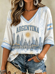 Women's Argentina Print Casual V-Neck Tee