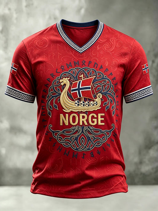 Men's Norway Viking Ship Runes Art Flag Print V-neck T-shirt