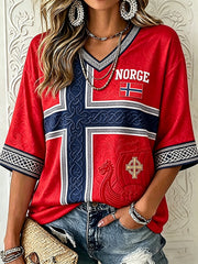Women's Norway Viking Inspired Celtic Flag Print Mid-length Sleeves V-Neck T-Shirt