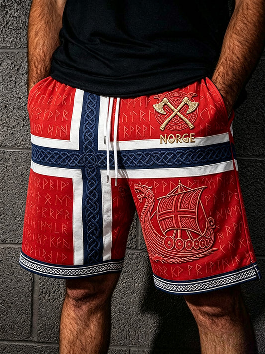 Men's Norway Viking Ship Art Celtic Flag Print Casual Drawstring Shorts