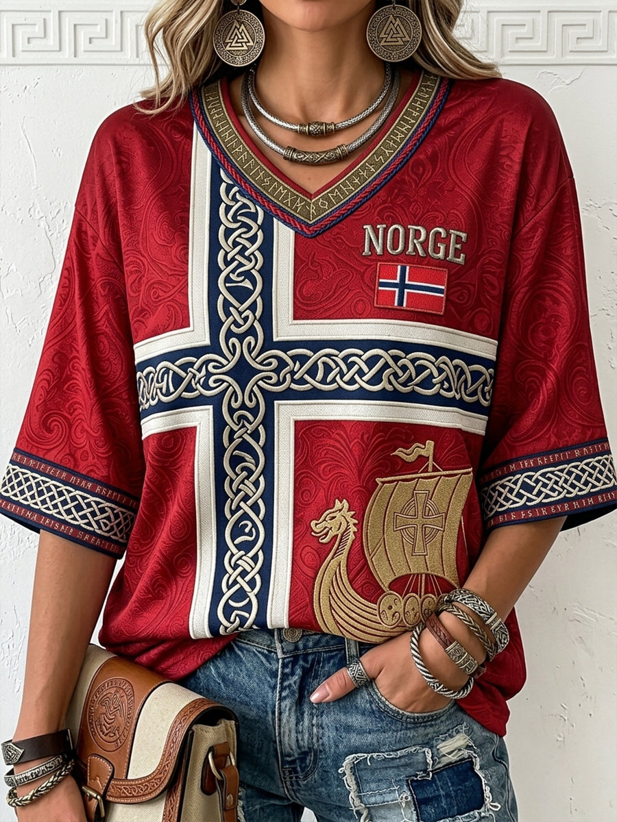 Women's Norway Viking Ship Art Runes Print Mid-length Sleeves V-Neck T-Shirt