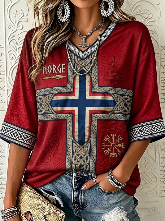 Women's Vintage Norway Viking Inspired Celtic Print Mid-length Sleeves V-Neck T-Shirt