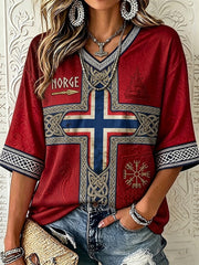 Women's Vintage Norway Viking Inspired Celtic Print Mid-length Sleeves V-Neck T-Shirt