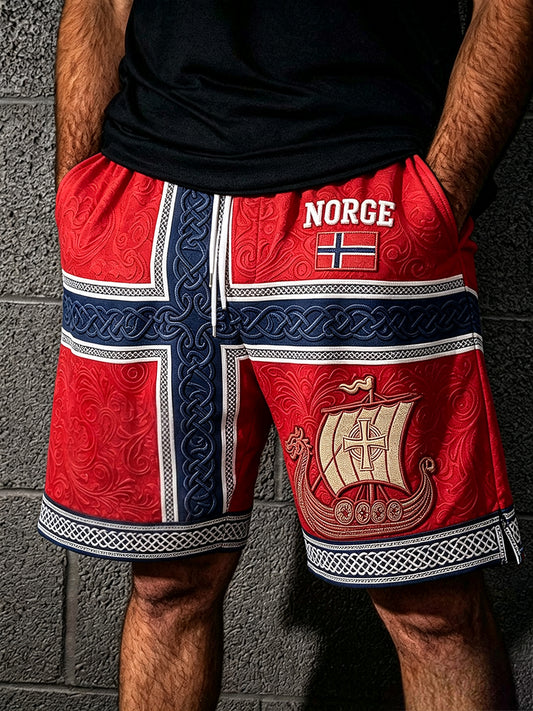 Men's Norway Viking Ship Art Celtic Flag Print Casual Drawstring Shorts