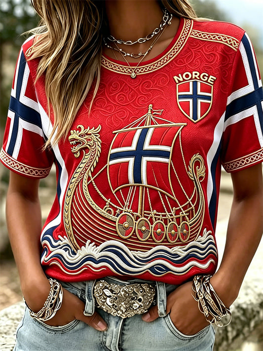 Women's Norway Viking Ship Celtic Knot Flag Print short-sleeved T-shirt