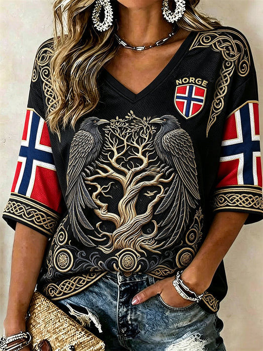 Women's Norway Viking Ravens Tree of Life Celtic Knot Flag Print Mid-length Sleeves V-Neck T-Shirt