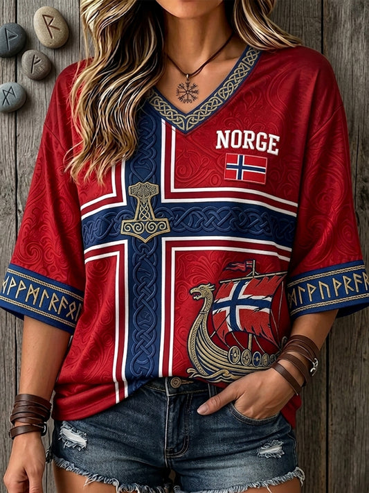 Women's Norway Viking Inspired Pattern Flag Print Mid-length Sleeves V-Neck T-Shirt