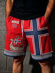 Men's Norway Viking Ship Art Celtic Flag Print Casual Drawstring Shorts