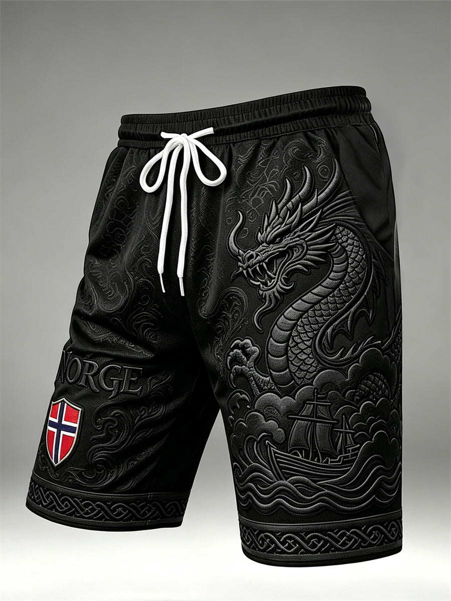 Men's Norway Viking Dragon & Ship Celtic Knot Flag Print Drawstring Shorts