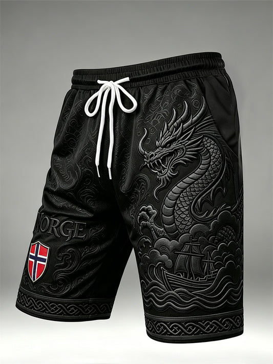 Men's Norway Viking Dragon & Ship Celtic Knot Flag Print Drawstring Shorts