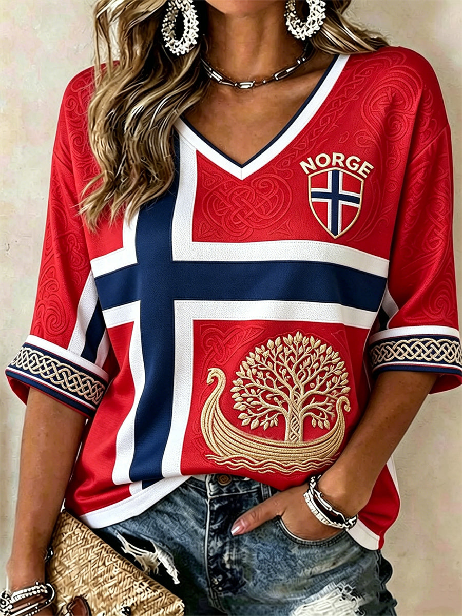 Women's Norway Viking Ship Tree of Life Celtic Knot Flag Print Mid-length Sleeves V-Neck T-Shirt