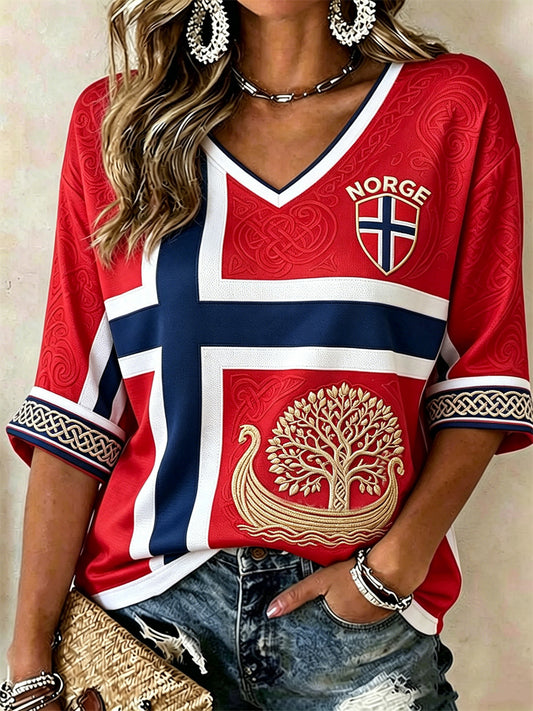 Women's Norway Viking Ship Tree of Life Celtic Knot Flag Print Mid-length Sleeves V-Neck T-Shirt