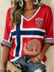 Women's Norway Viking Ship Tree of Life Celtic Knot Flag Print Mid-length Sleeves V-Neck T-Shirt