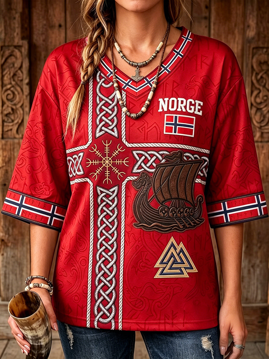 Women's Norway Viking Ship Art Flag Print Mid-length Sleeves V-Neck T-Shirt