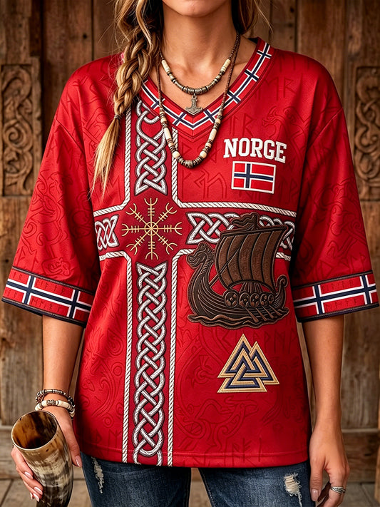 Women's Norway Viking Ship Art Flag Print Mid-length Sleeves V-Neck T-Shirt