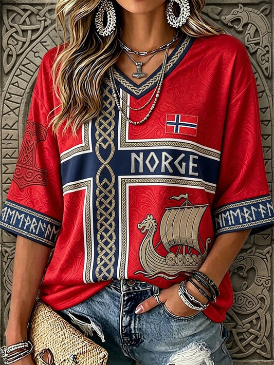 Women's Norway Viking Inspired Art Celtic Print Mid-length Sleeves V-Neck T-Shirt