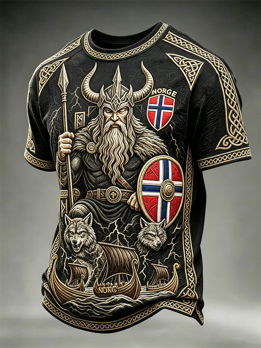 Men's Norway Odin Wolves & Viking Ship Celtic Knot Flag Print short sleeves t-shirt