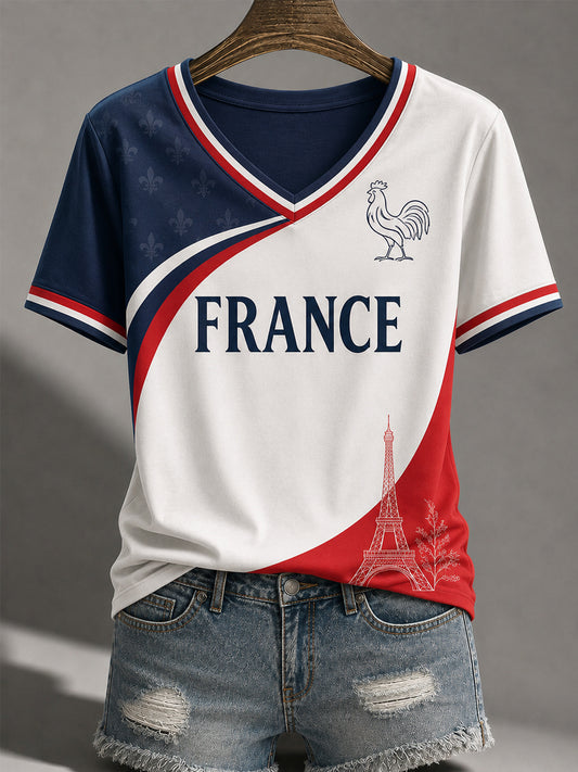 Women's France Print Casual V-Neck Tee