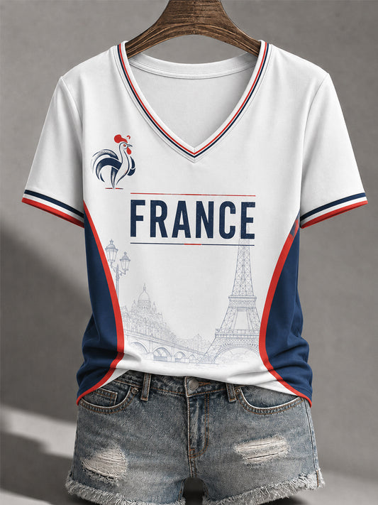 Women's France Print Casual V-Neck Tee