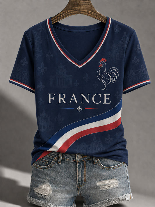 Women's France Print Casual V-Neck Tee