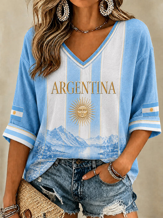 Women's Argentina Print Casual V-Neck Tee